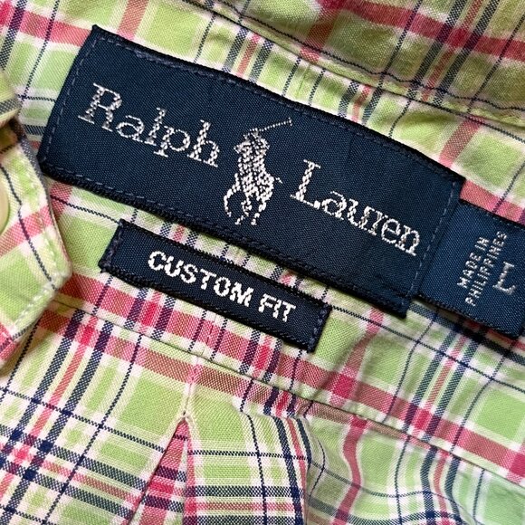 Ralph Lauren Custom Fit Button Up Shirt Spring Green Plaid Men's Size L Summery - Picture 9 of 10